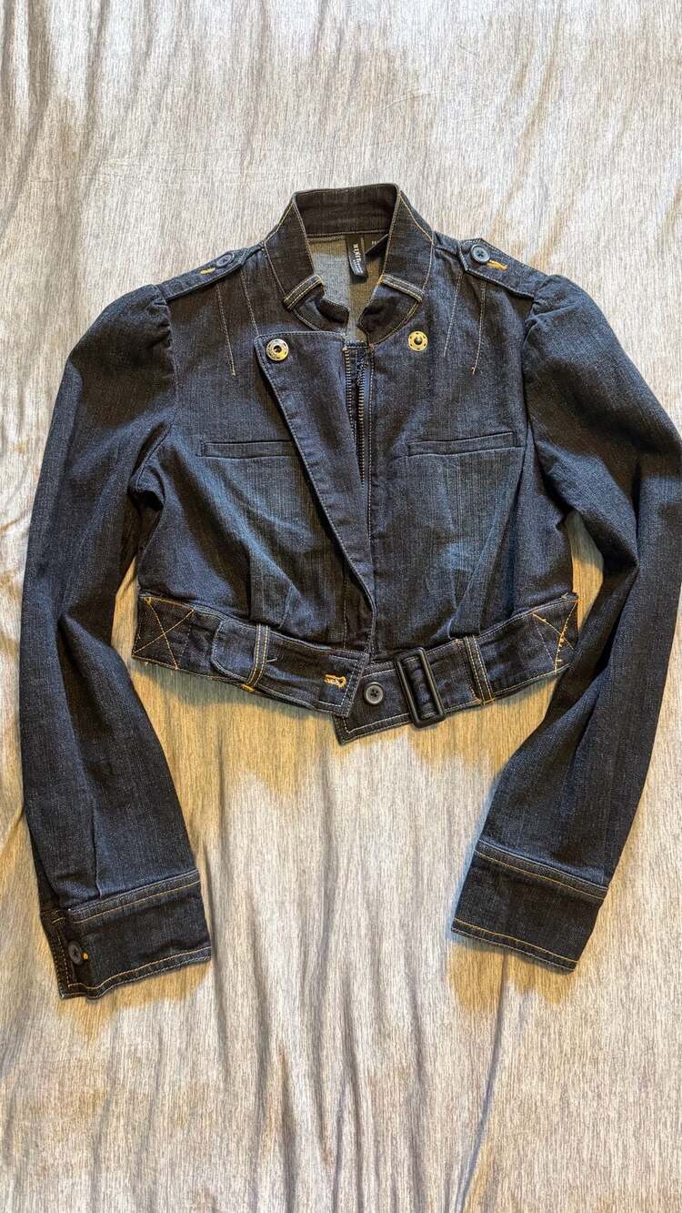 Mixit Petite Stretch Dark Wash Denim Moto Cropped Jacket with Belt